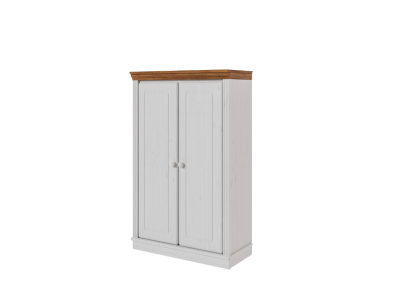 Estante de madeira com 1,19 m na cor branco lavado e mel e duas portas maciça / Coleção biblioteca